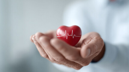 Obraz premium Caring hands holding a red heart, symbolizing health, love, and wellbeing. Promotes medical, insurance, or relationship themes. Hope, vitality concept.