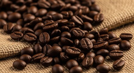 Fototapeta premium Coffee beans, roasted, scattered on burlap, rich aroma.
