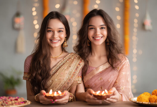 two indian women holding oil lamp on diwali festival - Powered by Adobe
