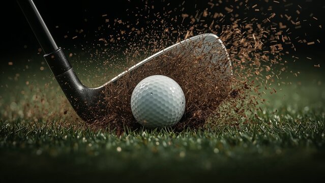 Golf club striking a white golf ball on green turf with flying debris