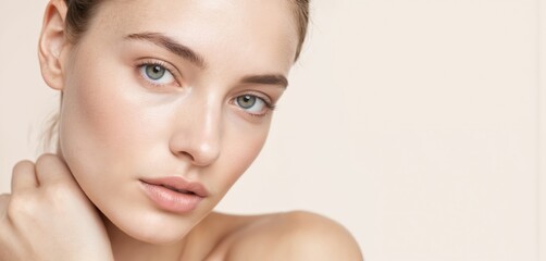Naklejka premium Close-up portrait of young woman with radiant, youthful appearance and glowing skin. Hair styled in loose waves, gaze directed upwards. Light gray background emphasizes subject.