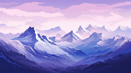 Obraz premium Illustration of Mountain Landscape with Snow-Covered Peaks at Sunset