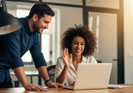 Diverse colleagues collaborating and smiling during a video call
