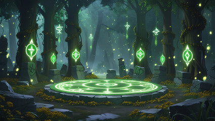 Cinematic anime shrine with arcane green magic circle. Vines and glyphs enhance mystical vibe. Perfect for visual novel settings.