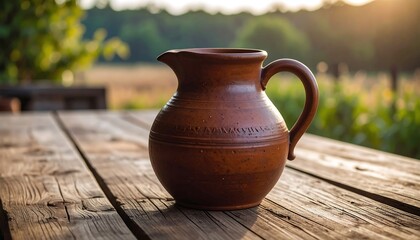 Rustic brown clay water pitcher sits on weathered wooden planks outdoors in soft sunlight