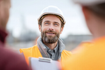 Confident construction worker in a hardhat and safety vest. Leadership, teamwork, and expertise in construction. Ideal for project management, engineering, or development.