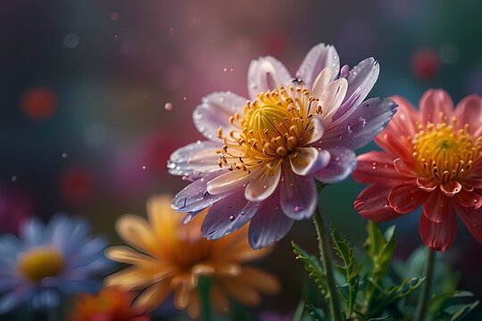 Close up of delicate pink and orange daisy flowers in a vibrant garden