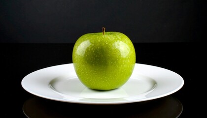 A fresh green apple placed on a spotless white ceramic plate