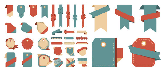 Fototapeta premium Collection of vintage style decorative ribbons tags and bookmarks in muted colors for design and crafting projects
