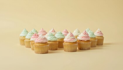 Cluster of cupcakes with green icing and white piping decoration on light beige background. Each of 12 cupcakes in two rows of six has vibrant green and white design. Cupcakes are on display.