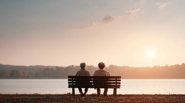 Elderly couple sits on bench, contemplating lakeside sunset. Serene, warm scene for retirement, companionship, aging,  reflection. Ideal for health, finance. - Powered by Adobe