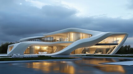 Obraz premium Modern, flowing architecture. Large, curved white building with glass windows, reflecting in a pool. Dramatic sky