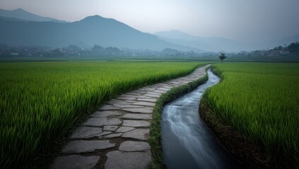 Serene landscape with a stone path cutting through lush green rice fields, leading towards distant mountains under a hazy sky. A water stream follows the path, adding to the tranquil scene