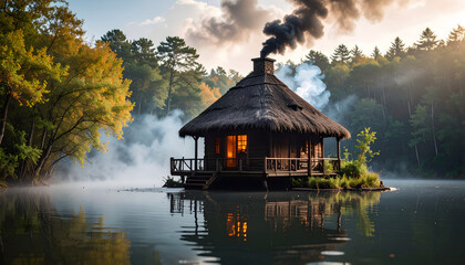 Cozy cabin on serene lake