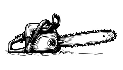 Chainsaw illustration in black and white sketch style  