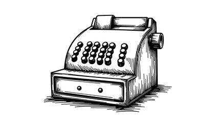 Vintage cash register sketch in black and white style  