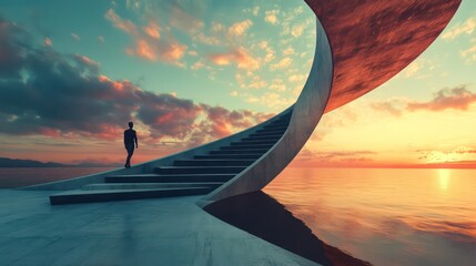 Solitary Figure Ascending Concrete Stairway Towards a Vibrant Sunset Over Calm Ocean