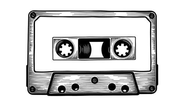 Classic black and white cassette tape sketch illustration  