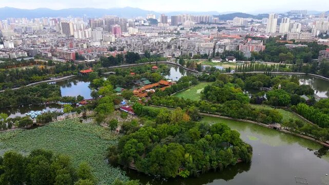 Stunning aerial views of Cui Lake Scenic Area showcasing the beauty of Kunming in Yunnan Province