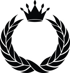 Obraz premium Black silhouette of a royal crown atop a laurel wreath emblem isolated on white background