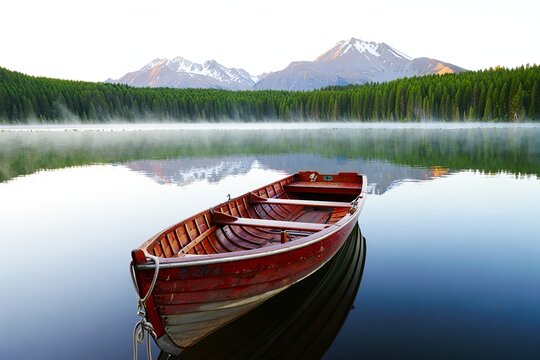 Serene sunrise over alpine lake: red rowboat, misty reflections, majestic mountain backdrop.