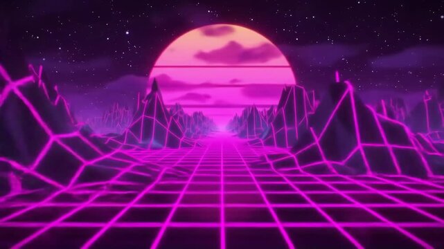 Synthwave neon mountain landscape with rising sun, giant moon, scrolling grid, and cosmic light