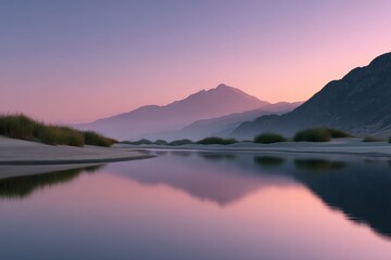 Obraz premium Tranquil sunrise over misty mountains and reflective lake