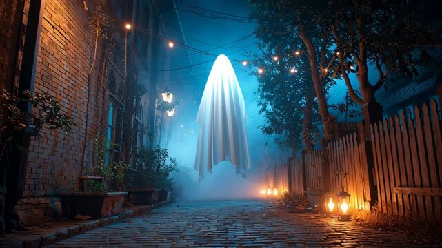Halloween backdrop with scary ghost floating on misty cobblestone street at night, glowing lanterns and blue light create eerie spooky atmosphere