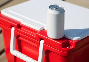 Blank Beverage Can Displayed on a Red Beach Cooler
