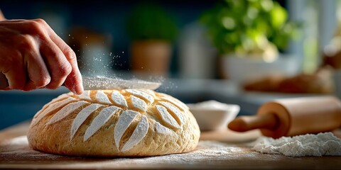 Freshly baked artisan bread with flour dusting in a cozy kitchen