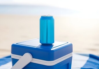 Blank Beverage Can Displayed on a Blue Beach Cooler
