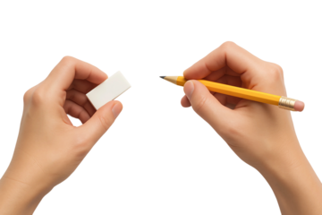 Hands Holding a Pencil and Eraser – Writing and Correction Concept