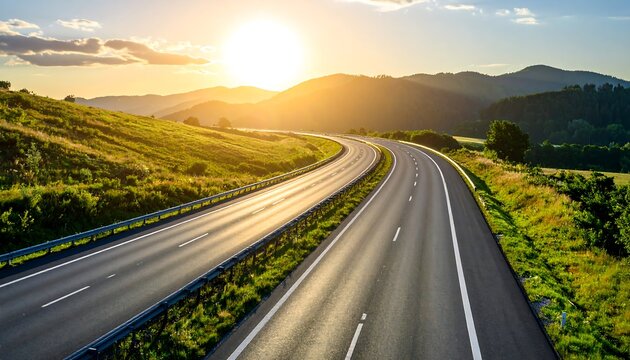 Winding highway at sunset through rolling hills
