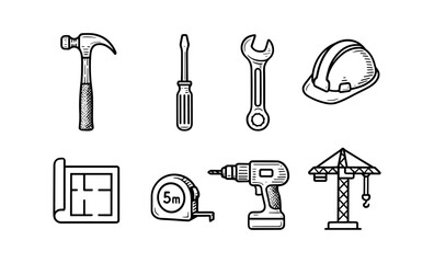 Obraz premium Construction tools set in linear style with blueprint and crane