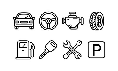 Automotive line icons set featuring car, steering wheel, engine, tire, gas pump, key, wrenches, parking symbol