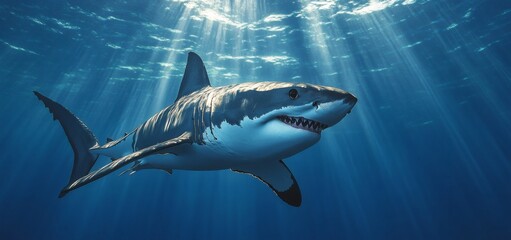 Great white swims deep blue ocean. Predator animal in action. Underwater sea wildlife. Stunning marine life,