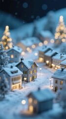 Fototapeta premium Snowy Village at Night with Illuminated Houses and Christmas Trees