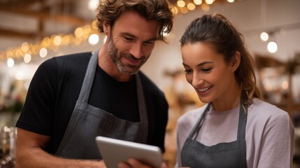 Couple collaborates on a tablet in a cozy cafe decorated with warm lights