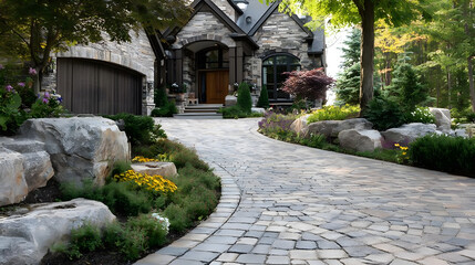 Fototapeta premium Interlocking stones create stunning driveway landscaping with carefully arranged stacks, showcasing the beauty and functionality of interlocking stones in outdoor design.