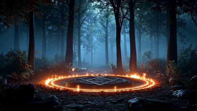 Glowing Magic Circle in Forest Night with Mysterious Ritual Fire, Fantasy Pentagram, Enchanted Illuminated Nature, Eerie Halloween Atmosphere