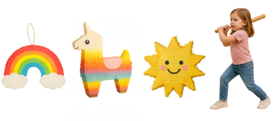 set of pinatas. girl breaks a pinata. children's birthday. birthday celebration with a pinata. festive set of pinatas on a transparent background