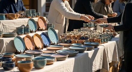 Handcrafted Ceramic Plates and Cups Displayed at Outdoor Market with Customers