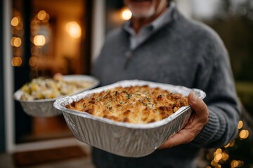 Mature caucasian male holding trays of homemade casserole and salad outdoors