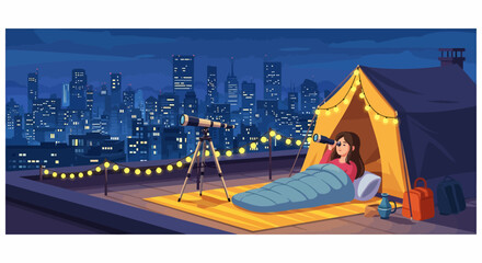 Obraz premium Rooftop camping with a telescope under a starry night in the city