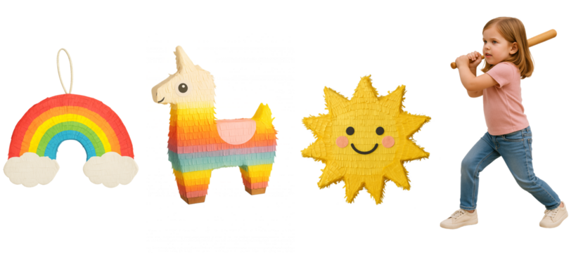 set of pinatas. girl breaks a pinata. children's birthday. birthday celebration with a pinata. festive set of pinatas on a transparent background