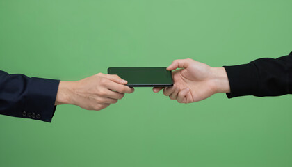 Two hands, one in dark suit, in black hoodie, exchange black, green smartphones against green gradient backdrop. Image captures modern digital interaction, potentially showing data transfer device