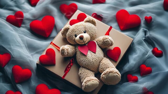 Gift box with hearts and teddy bear. Selective focus. Holiday.