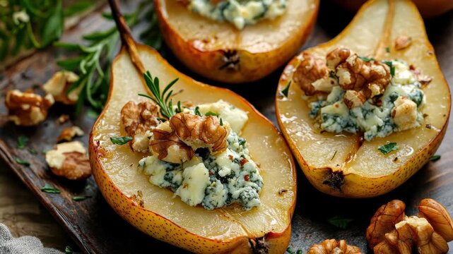 Baked pear with Dorblu cheese and nuts. Selective focus. food.