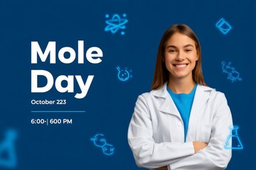 Young female scientist celebrates mole day with chemistry symbols background