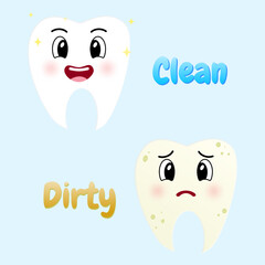 Cute Cartoon Clean and Dirty Tooth Health Education Illustration. This illustration shows two cartoon teeth, one clean $ happy, the other dirty & sad, to visually represent good and bad oral hygiene.